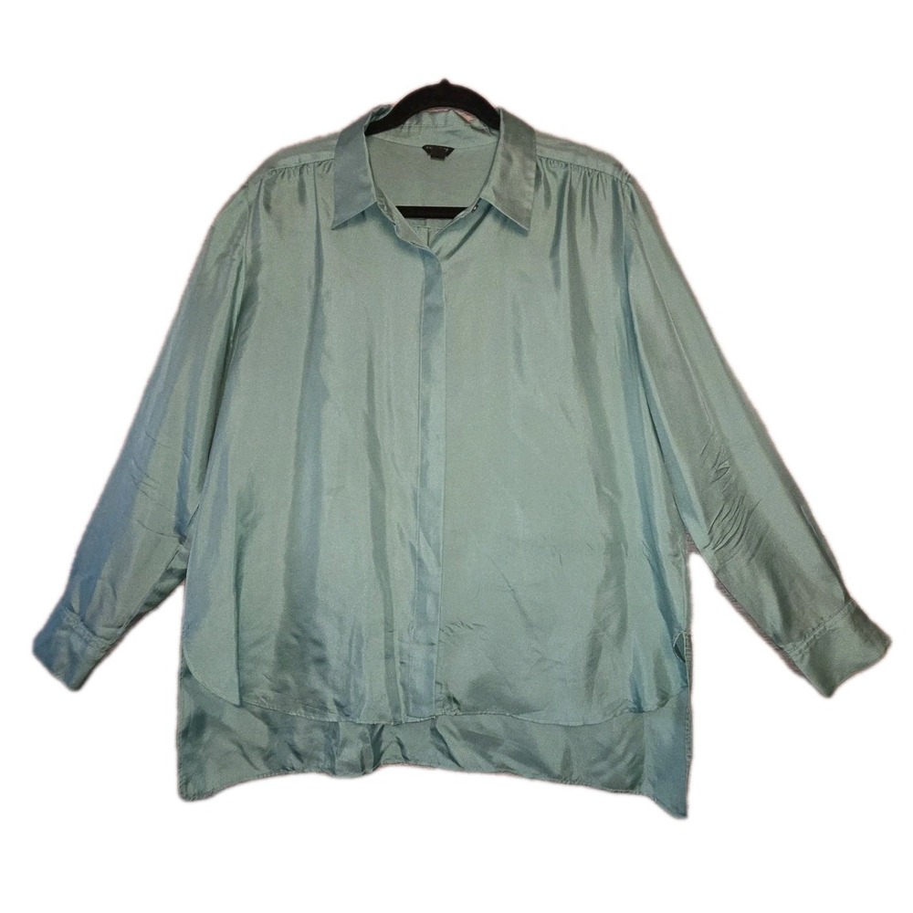 Ann Taylor 100% Silk Blouse Green Button-Front Collared Women's Large Top Career